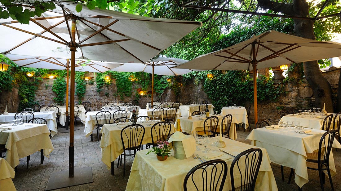 Den idylliske bakgården hos Romolo nel giardino della Fornarina i Trastevere i Roma