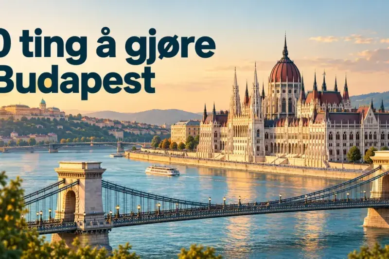 Illustrasjon av Parlamentsbygningen, Kjedebroen og Donau i varmt kveldslys med teksten «10 ting å gjøre i Budapest».