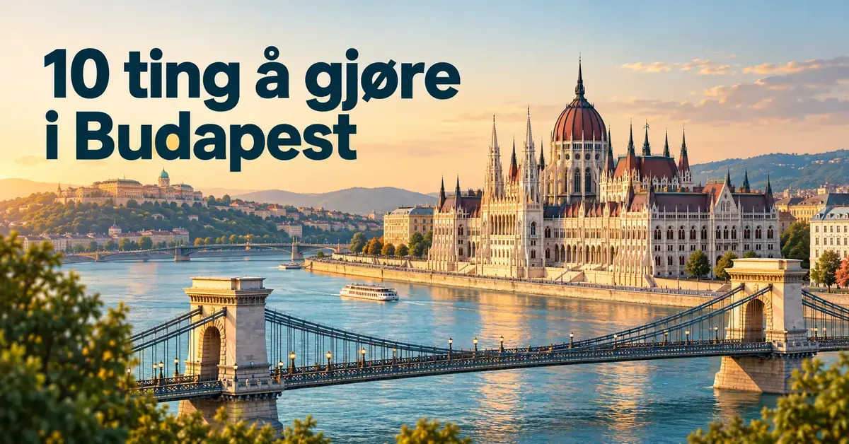 Illustrasjon av Parlamentsbygningen, Kjedebroen og Donau i varmt kveldslys med teksten «10 ting å gjøre i Budapest».
