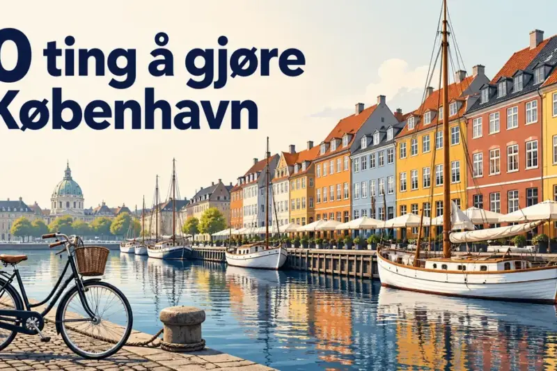 Illustrasjon av fargerike hus og seilbåter langs Nyhavn i København, med en sykkel i forgrunnen og teksten «10 ting å gjøre i København».