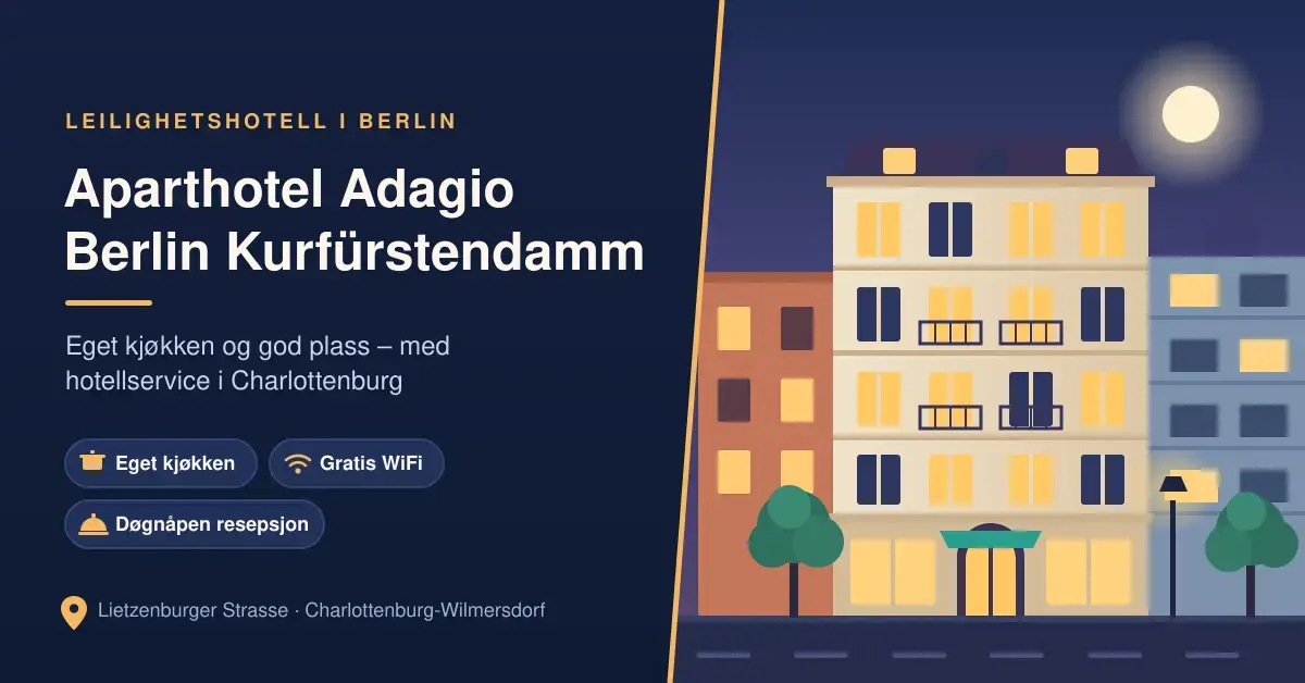 Illustrasjon av en opplyst bygård i Berlin om kvelden med teksten «Aparthotel Adagio Berlin Kurfürstendamm» og stikkordene eget kjøkken, gratis WiFi og døgnåpen resepsjon.