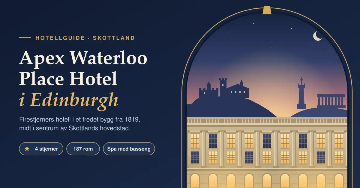 Illustrasjon av en opplyst georgiansk hotellfasade med søyler i skumringen, med Edinburgh Castle og monumentene på Calton Hill i bakgrunnen, ved siden av teksten «Apex Waterloo Place Hotel i Edinburgh».