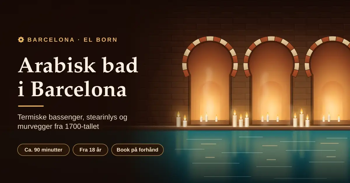 Illustrasjon av et stearinlysopplyst arabisk bad i Barcelona med maurisk inspirerte buer, gamle mursteinsvegger og et varmt, turkist basseng, sammen med teksten «Arabisk bad i Barcelona».