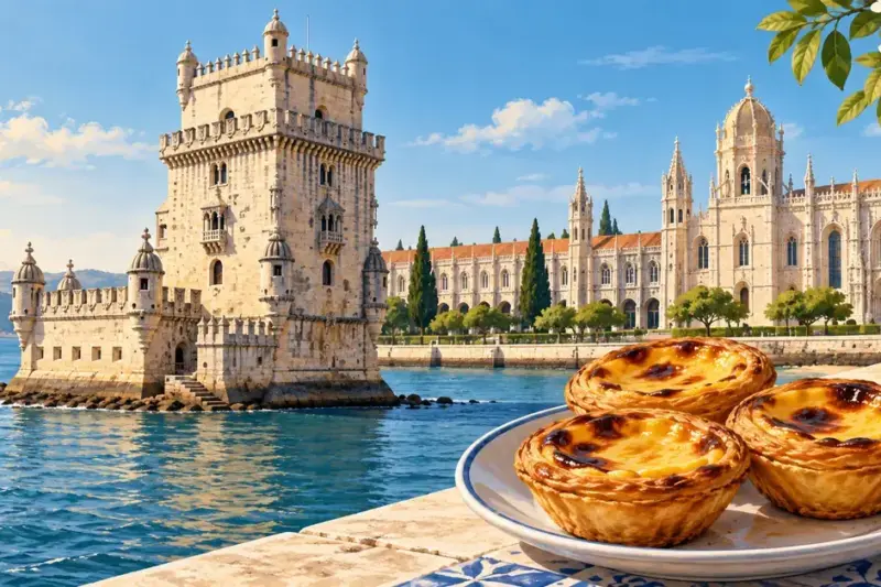 Illustrasjon av Belém-tårnet ved Tejo, Jerónimos-klosteret og tre gylne pastéis de nata på en tallerken i forgrunnen.