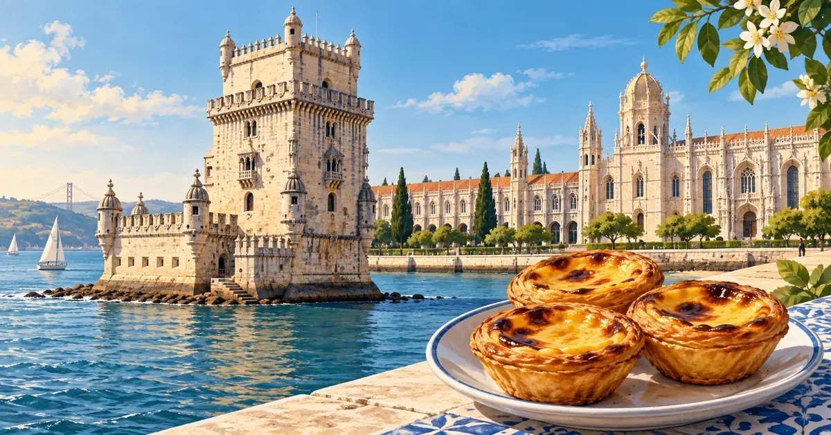 Illustrasjon av Belém-tårnet ved Tejo, Jerónimos-klosteret og tre gylne pastéis de nata på en tallerken i forgrunnen.