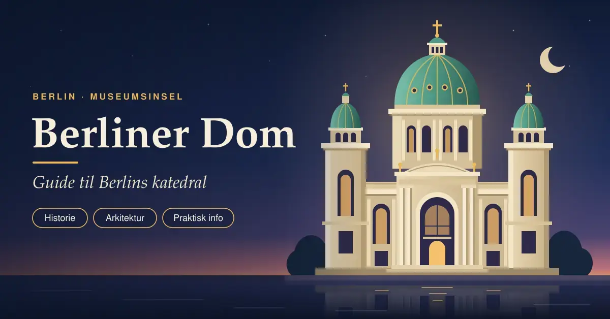 Illustrasjon av Berliner Dom med grønn kuppel og to hjørnetårn i kveldslys ved Spree, med teksten «Berliner Dom – Guide til Berlins katedral».