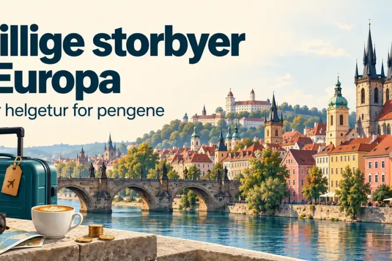 Illustrasjon av en europeisk storby med historiske bygninger og en steinbro, med koffert, kaffe og mynter i forgrunnen og teksten «Billige storbyer i Europa – Mer helgetur for pengene».