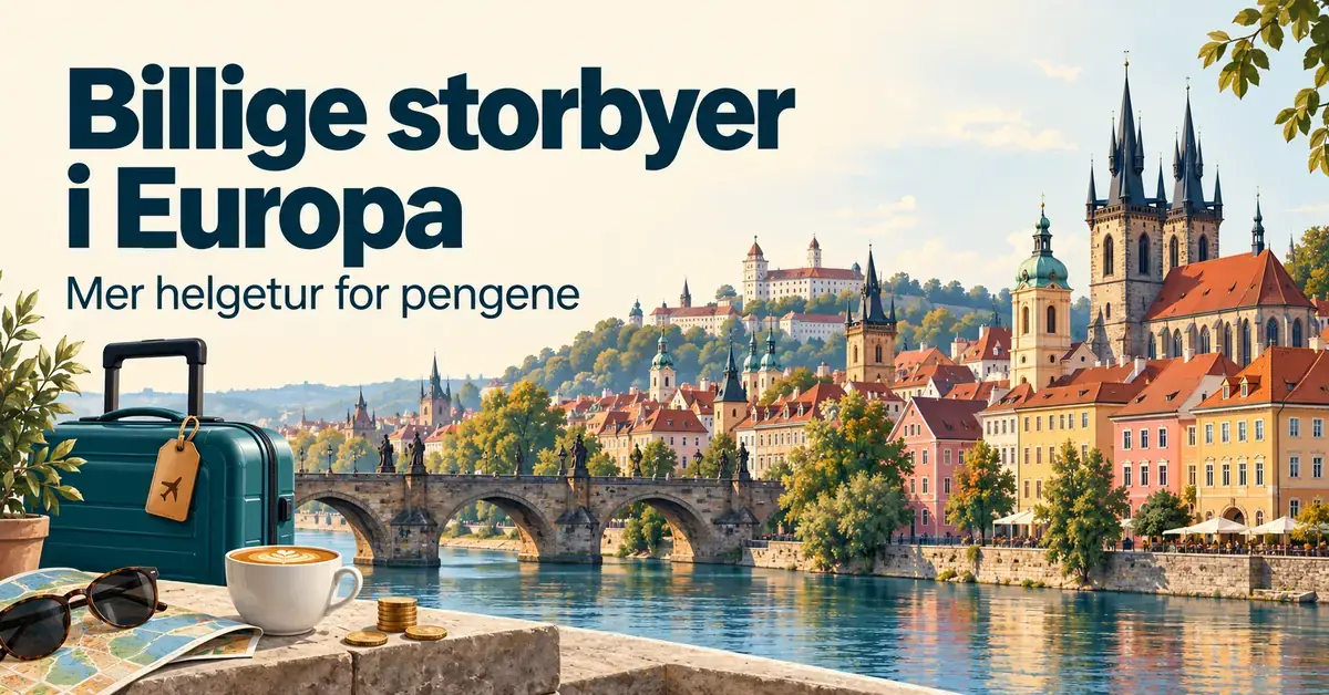 Illustrasjon av en europeisk storby med historiske bygninger og en steinbro, med koffert, kaffe og mynter i forgrunnen og teksten «Billige storbyer i Europa – Mer helgetur for pengene».