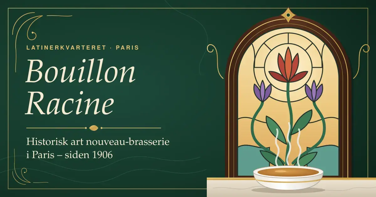 Illustrasjon i art nouveau-stil med teksten «Bouillon Racine – historisk art nouveau-brasserie i Paris – siden 1906», et buet glassmalerivindu med stiliserte blomster og en dampende bolle buljong på en marmordisk.