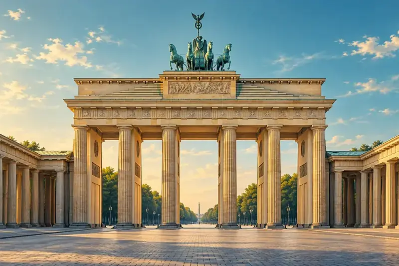 Illustrasjon av Brandenburger Tor i Berlin med sandsteinssøyler og firspannet på toppen i varmt sollys under en blå himmel.