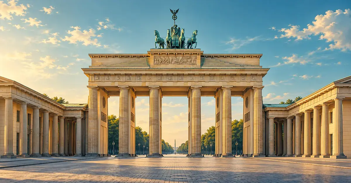 Illustrasjon av Brandenburger Tor i Berlin med sandsteinssøyler og firspannet på toppen i varmt sollys under en blå himmel.