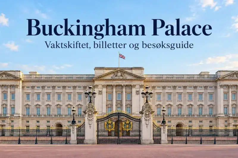 Illustrasjon av Buckingham Palace i London med smijernsporter og teksten «Buckingham Palace – Vaktskiftet, billetter og besøksguide».