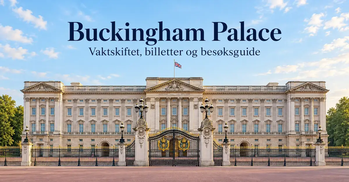 Illustrasjon av Buckingham Palace i London med smijernsporter og teksten «Buckingham Palace – Vaktskiftet, billetter og besøksguide».
