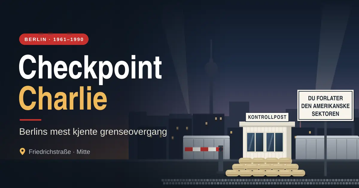 Illustrasjon av Checkpoint Charlie i Berlin med den hvite vaktbua bak sandsekker, en rød og hvit bom, Berlinmuren og et skilt med teksten «Du forlater den amerikanske sektoren» foran byens silhuett i skumringen.