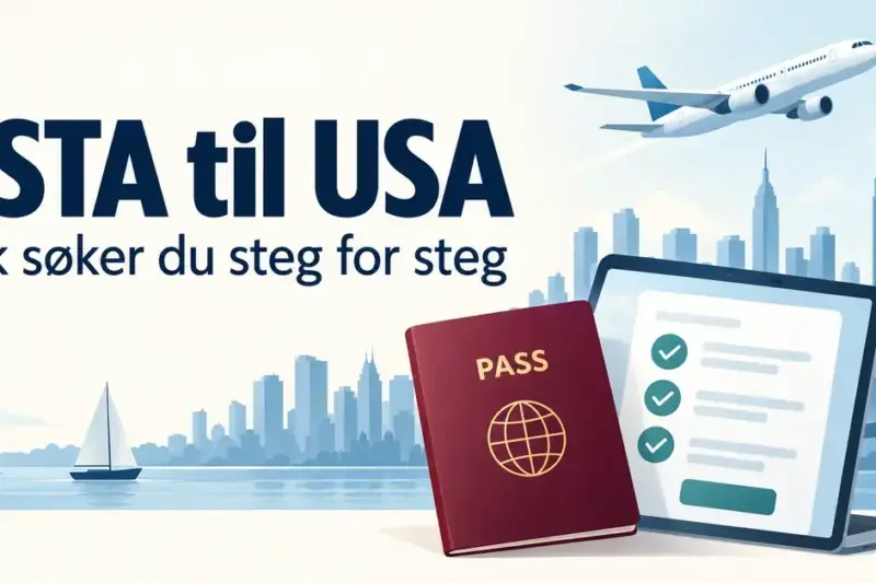 Illustrasjon av et pass, et digitalt søknadsskjema og et fly foran New Yorks silhuett, med teksten «ESTA til USA – Slik søker du steg for steg».