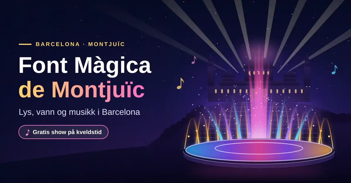 Illustrasjon av den opplyste Font Màgica de Montjuïc i Barcelona om kvelden, med vannstråler i rosa, turkis og gull foran silhuetten av Palau Nacional og lyskastere på nattehimmelen.
