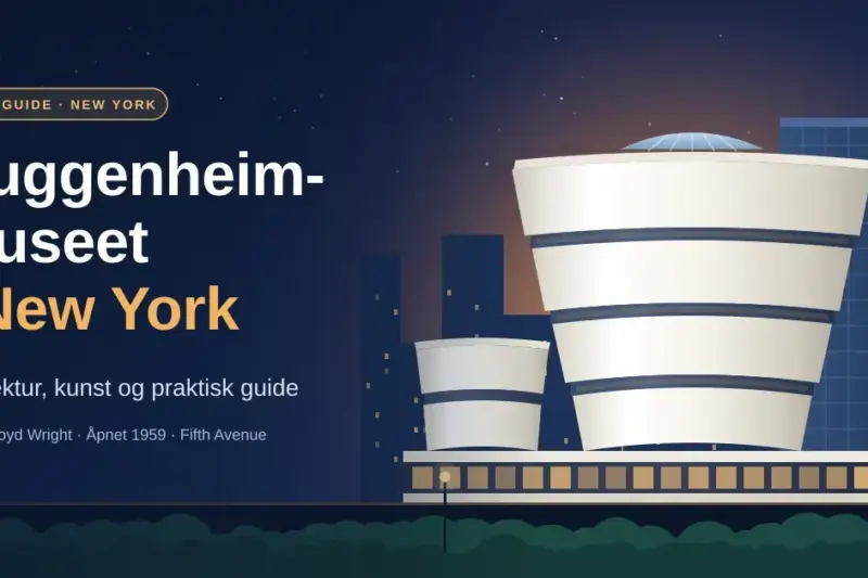 Stilisert illustrasjon av det hvite, spiralformede Guggenheim-museet i New York i skumringen, med Manhattans skyline og trærne i Central Park, sammen med teksten «Guggenheim-museet i New York – Arkitektur, kunst og praktisk guide».