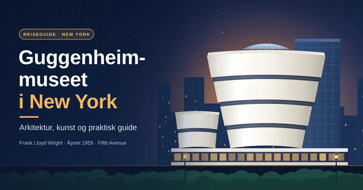 Stilisert illustrasjon av det hvite, spiralformede Guggenheim-museet i New York i skumringen, med Manhattans skyline og trærne i Central Park, sammen med teksten «Guggenheim-museet i New York – Arkitektur, kunst og praktisk guide».