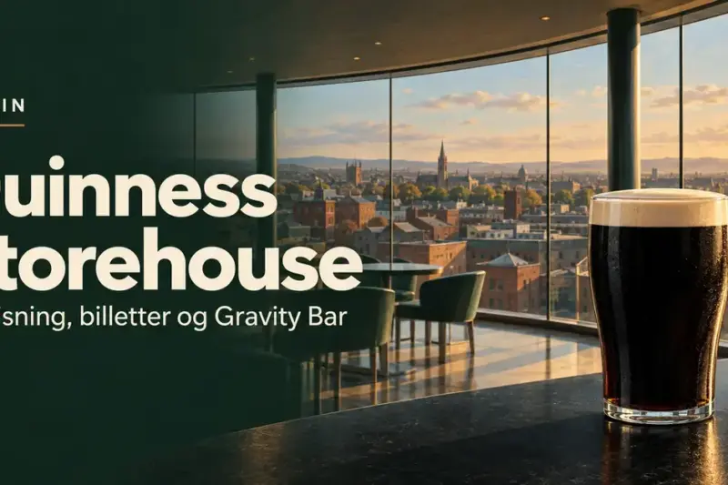 Illustrasjon av et glass mørkt øl med kremet skum foran panoramautsikten over Dublin fra Gravity Bar, med teksten «Guinness Storehouse – Omvisning, billetter og Gravity Bar».