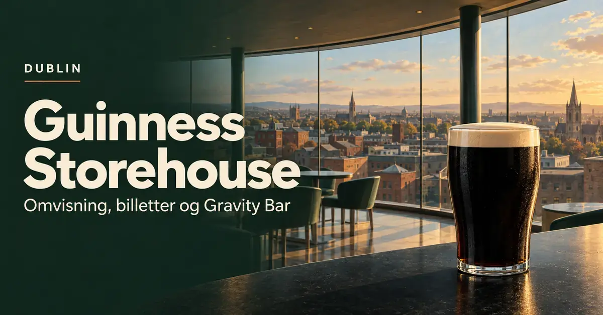 Illustrasjon av et glass mørkt øl med kremet skum foran panoramautsikten over Dublin fra Gravity Bar, med teksten «Guinness Storehouse – Omvisning, billetter og Gravity Bar».