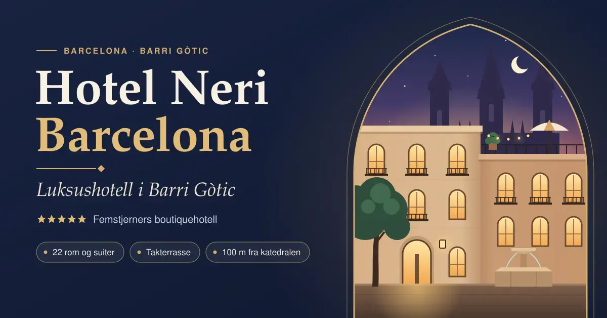 Illustrasjon av Hotel Neri i Barcelonas gotiske kvarter i skumringen, med opplyste buevinduer, takterrasse, fontene og katedralens tårn innrammet av en gotisk bue, ved siden av teksten «Hotel Neri Barcelona – Luksushotell i Barri Gòtic».