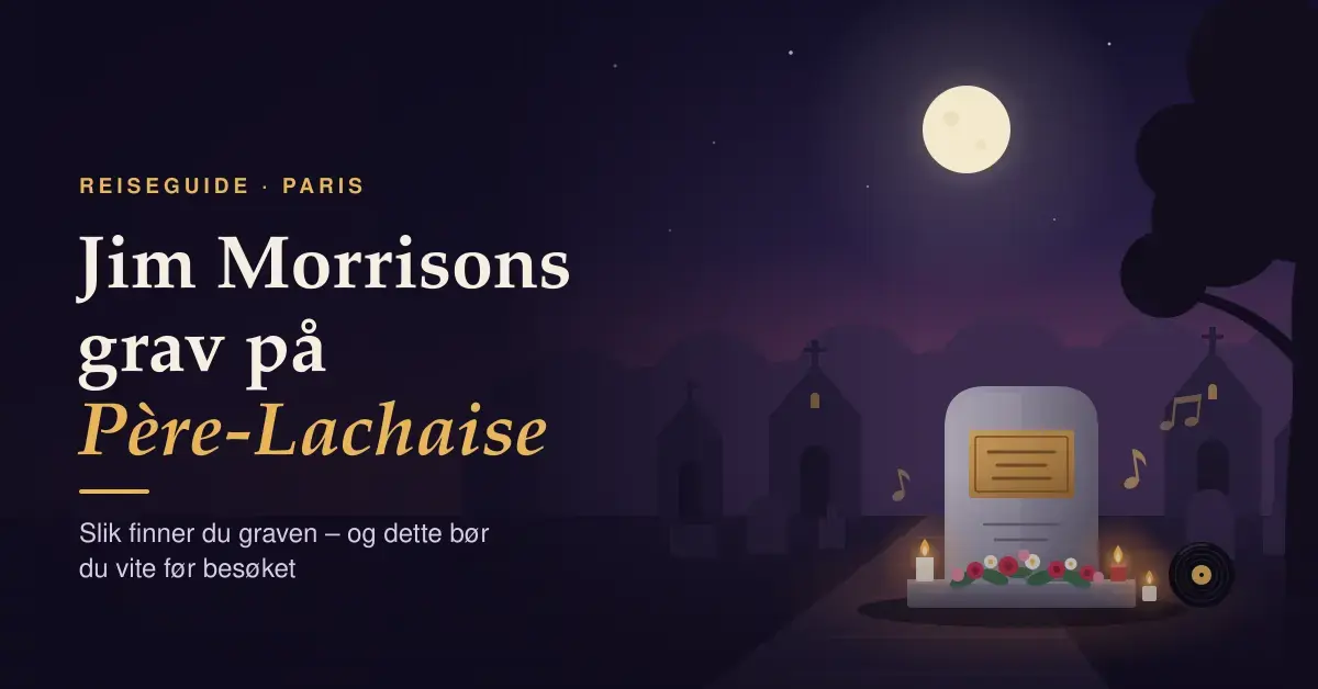 Illustrasjon av en enkel gravstein med blomster, tente lys og en vinylplate på Père-Lachaise-kirkegården i Paris i måneskinn, med teksten «Jim Morrisons grav på Père-Lachaise».