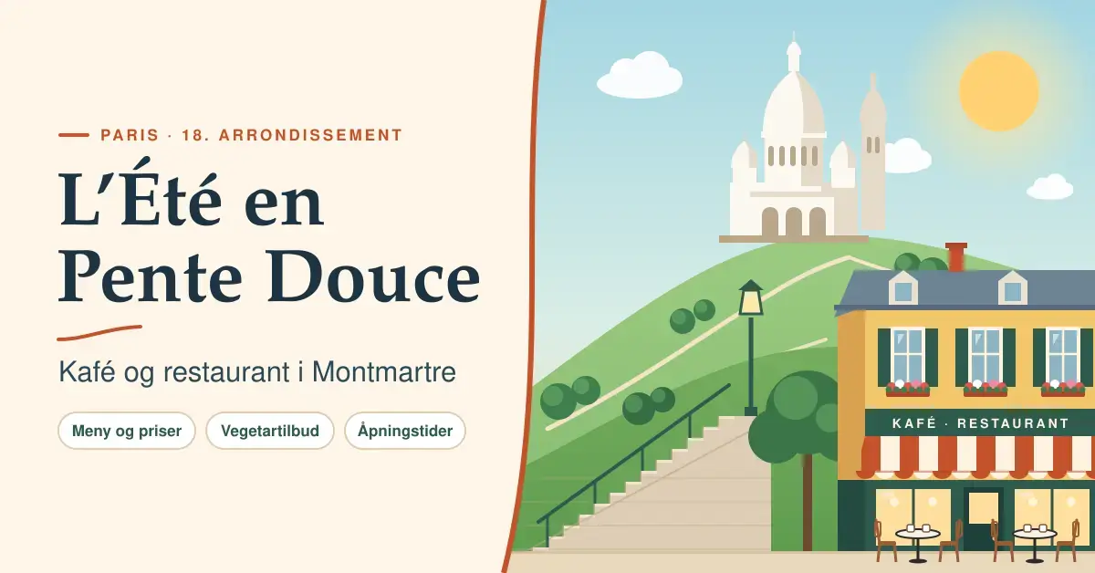 Illustrasjon av en fargerik kafé med stripete markise og uteservering ved en steintrapp i Montmartre, med Sacré-Cœur på toppen av en grønn bakke og teksten «L’Été en Pente Douce – Kafé og restaurant i Montmartre».