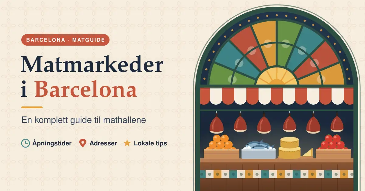 Illustrasjon av en matbod i en mathall i Barcelona med fargerikt glassmaleri i buen, stripete markise, hengende skinker og kasser med appelsiner, fersk fisk, ost og tomater, ved siden av tittelen «Matmarkeder i Barcelona».