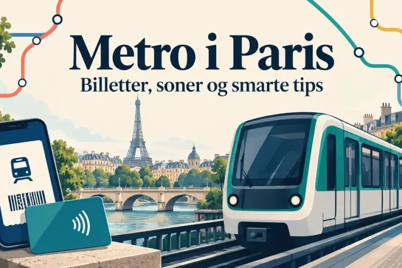 Illustrasjon av et metrotog i Paris med Eiffeltårnet i bakgrunnen, digital billett på mobil og reisekort under teksten «Metro i Paris – Billetter, soner og smarte tips».