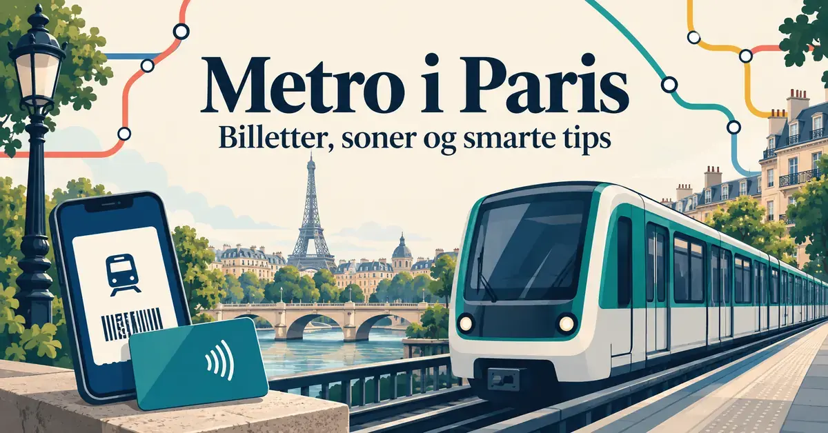 Illustrasjon av et metrotog i Paris med Eiffeltårnet i bakgrunnen, digital billett på mobil og reisekort under teksten «Metro i Paris – Billetter, soner og smarte tips».