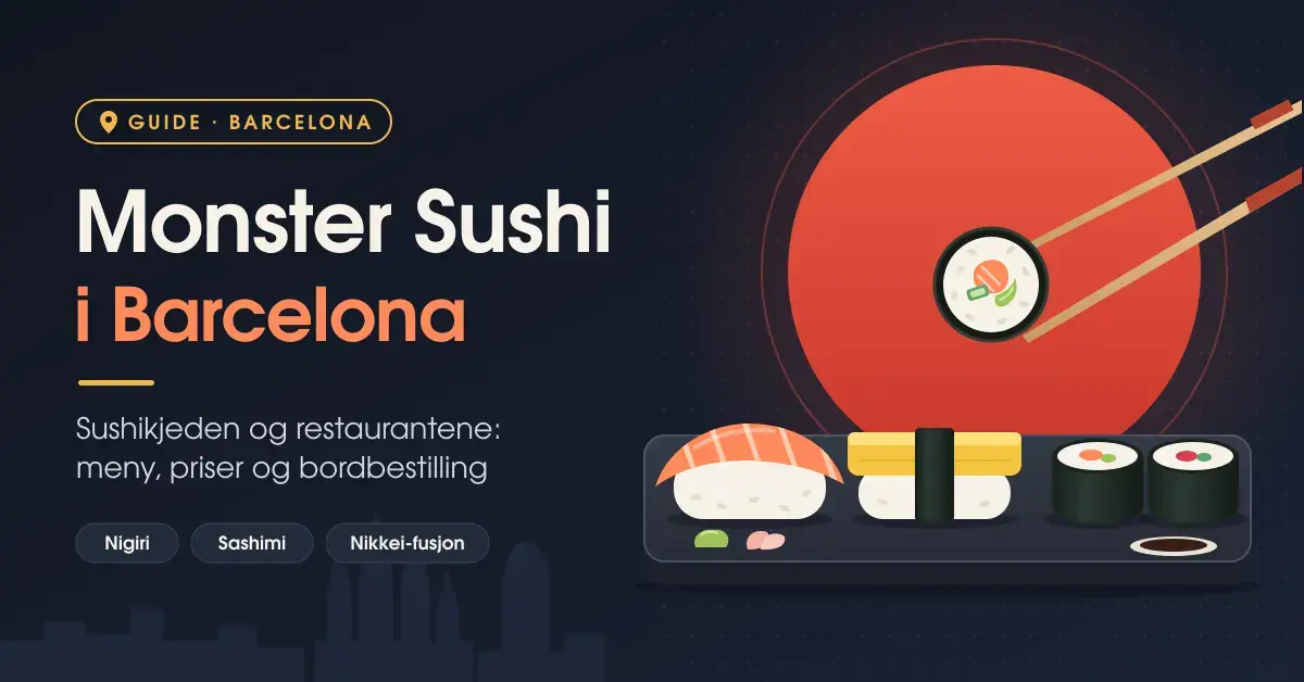 Illustrasjon av nigiri med laks og tamago, makiruller og spisepinner som holder en sushirull foran en rød sol, med teksten «Monster Sushi i Barcelona» og en stilisert Barcelona-silhuett.