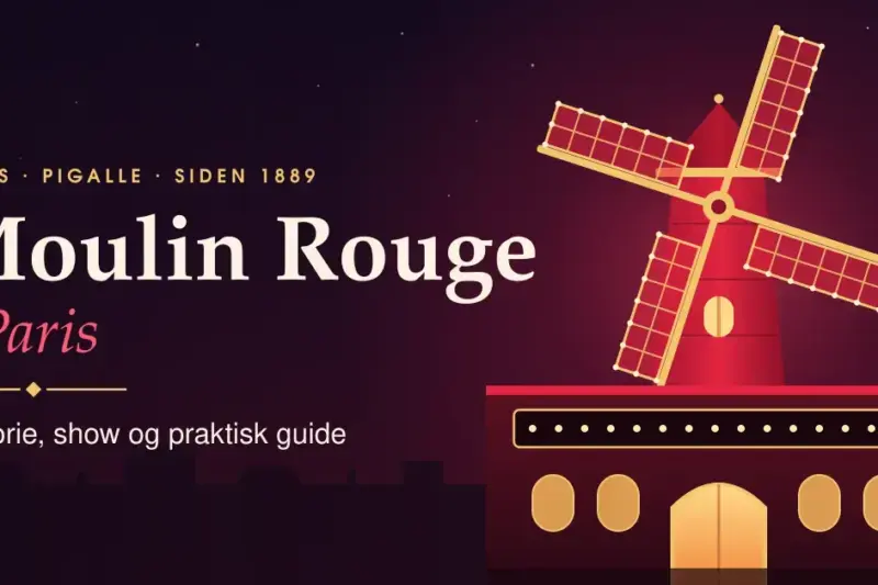 Illustrasjon av en rød vindmølle med lysende vinger på taket av en kabaret i Paris om natten, med teksten «Moulin Rouge i Paris – Historie, show og praktisk guide».