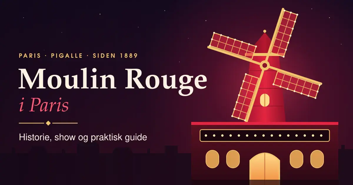 Illustrasjon av en rød vindmølle med lysende vinger på taket av en kabaret i Paris om natten, med teksten «Moulin Rouge i Paris – Historie, show og praktisk guide».