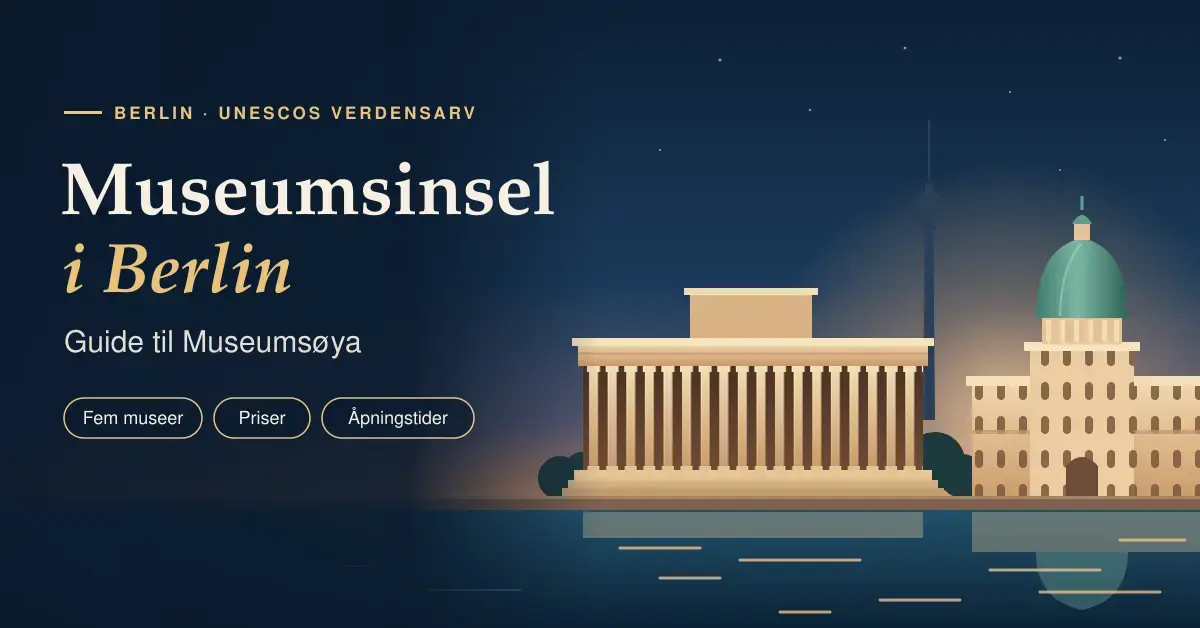 Illustrasjon av Museumsinsel i Berlin i skumringen, med en søylerekke og et kuppelbygg langs elva Spree, TV-tårnet i bakgrunnen og teksten «Museumsinsel i Berlin – Guide til Museumsøya».