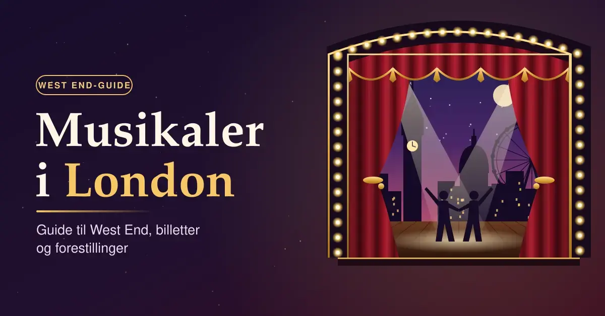 Illustrasjon av en teaterscene med røde fløyelsgardiner, lyspærer i gull og to musikalartister i spotlyset foran Londons skyline, med teksten «Musikaler i London – guide til West End, billetter og forestillinger».
