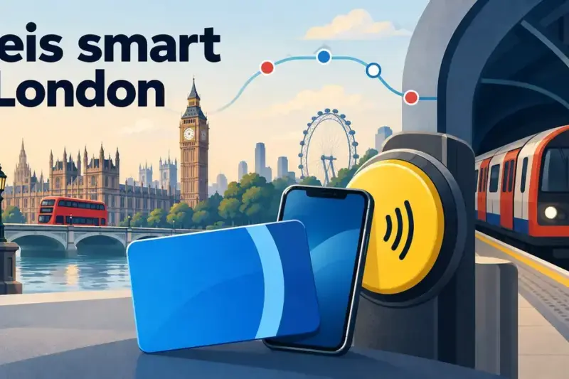 Illustrasjon av et blått reisekort og en mobil ved en kontaktløs kortleser, med T-bane, rød dobbeltdekker og Londons landemerker i bakgrunnen og teksten «Reis smart i London».