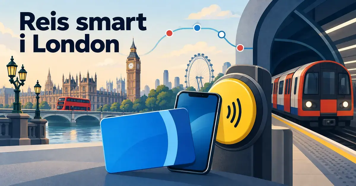 Illustrasjon av et blått reisekort og en mobil ved en kontaktløs kortleser, med T-bane, rød dobbeltdekker og Londons landemerker i bakgrunnen og teksten «Reis smart i London».