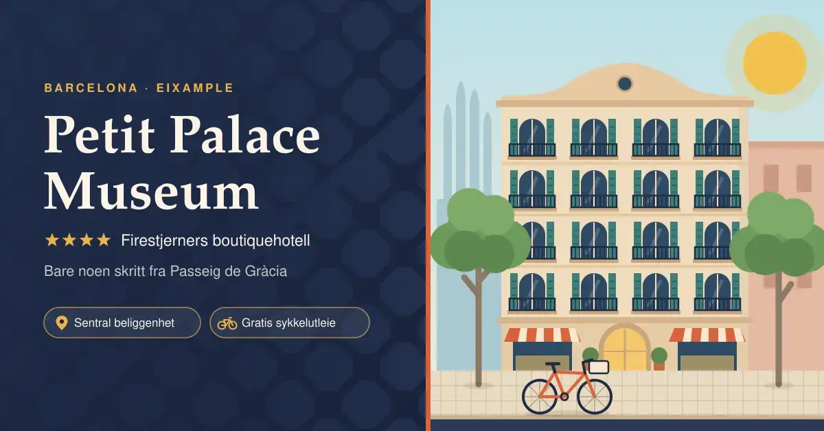 Illustrasjon av en elegant hotellfasade i Eixample i Barcelona med balkonger, grønne skodder, trær og en leiesykkel, ved siden av hotellnavnet Petit Palace Museum, fire stjerner og beliggenheten nær Passeig de Gràcia.