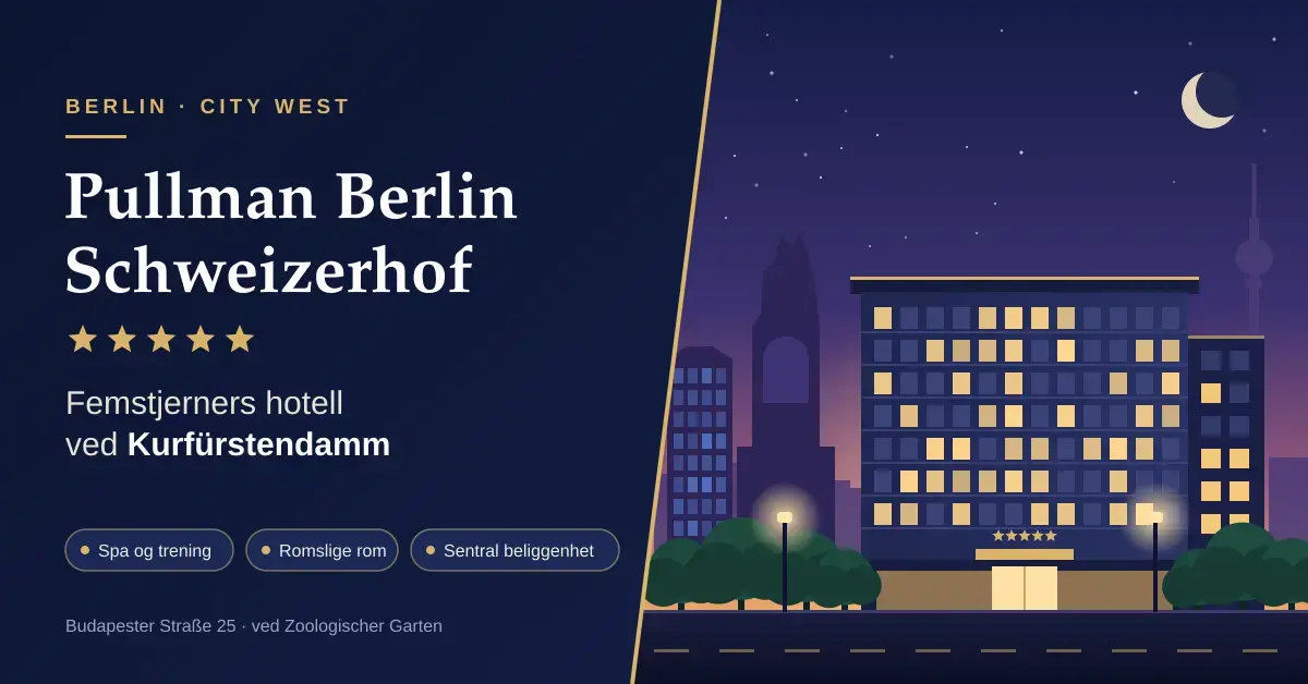 Illustrasjon av et moderne femstjerners hotell i Berlin i skumringen, med Kaiser-Wilhelm-Gedächtniskirche, TV-tårnet og trærne i Tiergarten i bakgrunnen, ved siden av teksten «Pullman Berlin Schweizerhof – femstjerners hotell ved Kurfürstendamm».