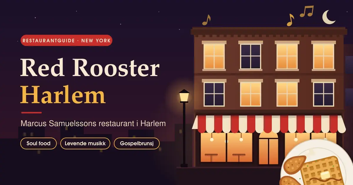 Illustrasjon av en murbygning i Harlem om kvelden med rød- og hvitstripet markise, varmt opplyste vinduer, en gatelykt og en tallerken med fritert kylling og vafler, sammen med teksten «Red Rooster Harlem – Marcus Samuelssons restaurant i Harlem».
