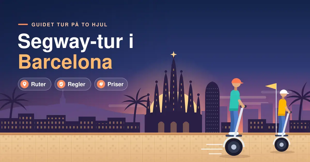 Illustrasjon av to personer på Segway langs en promenade i Barcelona i solnedgang, med en kirkesilhuett inspirert av Sagrada Família i bakgrunnen og teksten «Segway-tur i Barcelona» med stikkordene ruter, regler og priser.