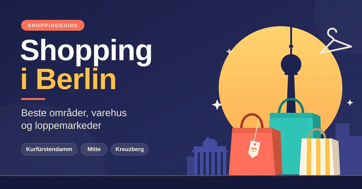 Illustrasjon av handleposer foran Berlins TV-tårn og Brandenburger Tor, med teksten «Shopping i Berlin – beste områder, varehus og loppemarkeder».