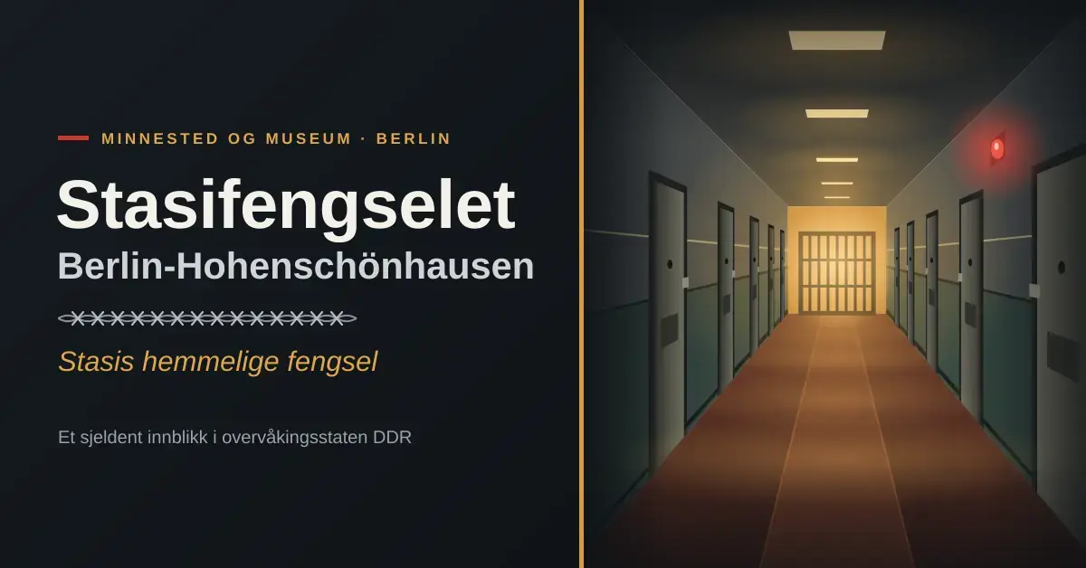 Illustrasjon av en dunkel fengselskorridor med ståldører, et rødt signallys og et opplyst gitter innerst, ved siden av teksten «Stasifengselet Berlin-Hohenschönhausen – Stasis hemmelige fengsel».