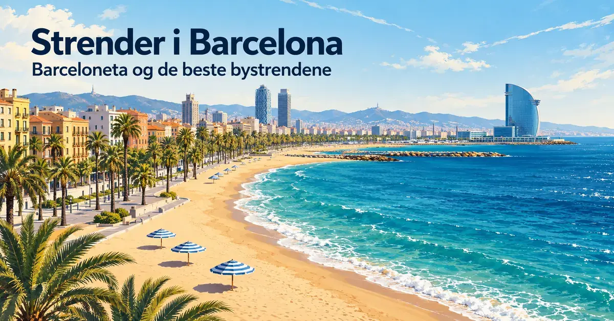 Illustrasjon av Barcelonas bystrender med gyllen sand, parasoller, palmer og turkis hav, med teksten «Strender i Barcelona – Barceloneta og de beste bystrendene».