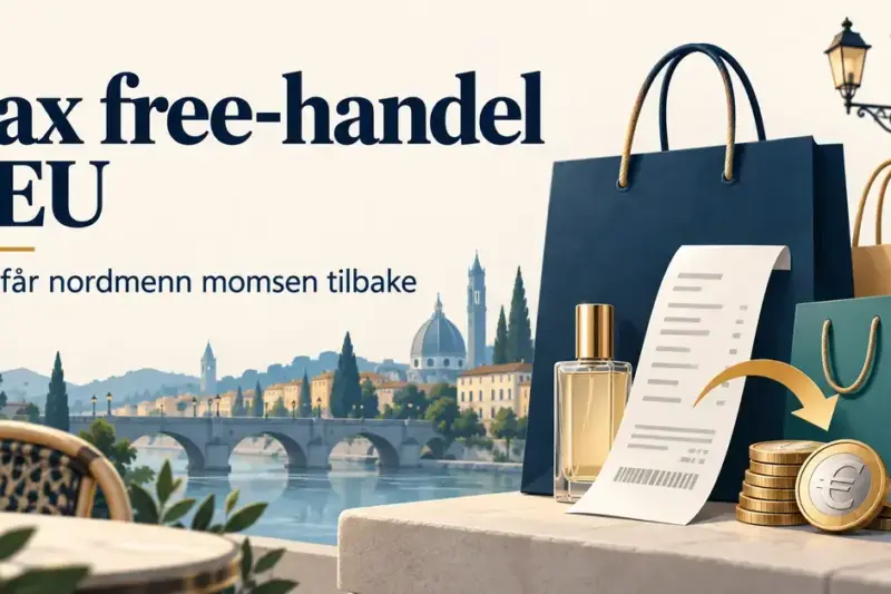 Illustrasjon av handleposer, en kvittering og euromynter foran en europeisk by, med teksten «Tax free-handel i EU – Slik får nordmenn momsen tilbake».