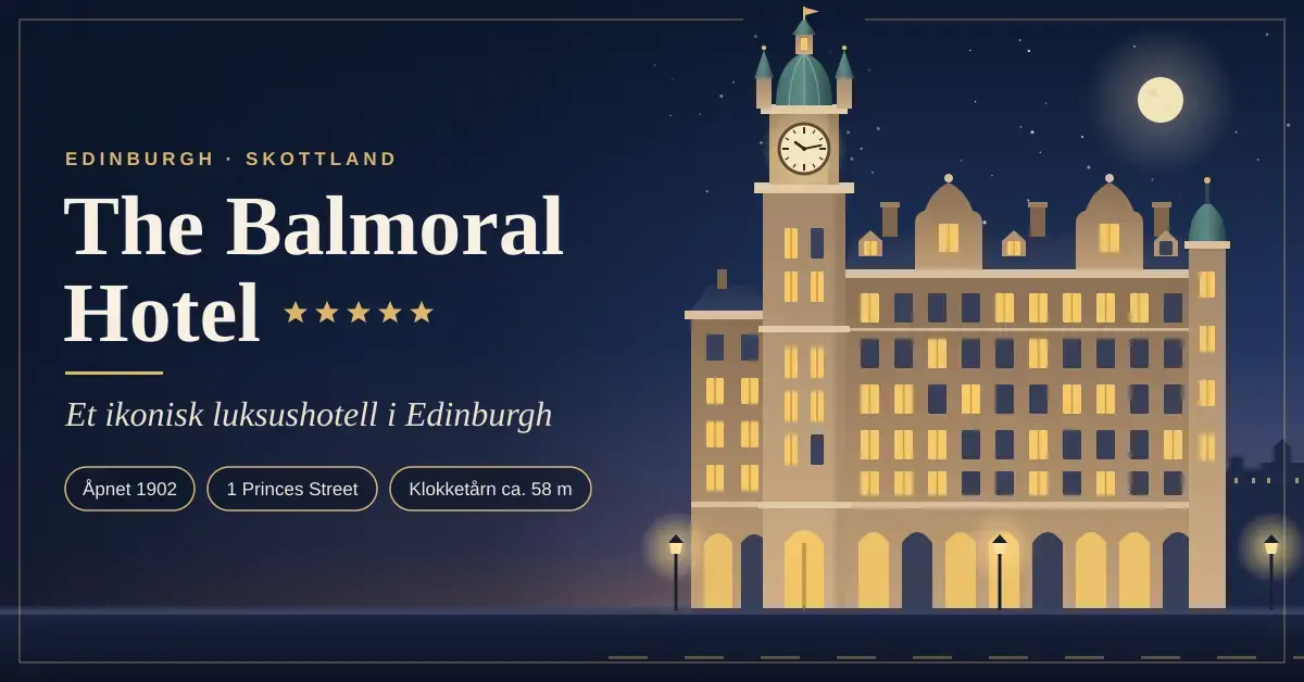 Illustrasjon av The Balmoral Hotel i Edinburgh i skumringen, med det høye klokketårnet, opplyste vinduer og gatelykter langs Princes Street, ved siden av teksten «Et ikonisk luksushotell i Edinburgh».