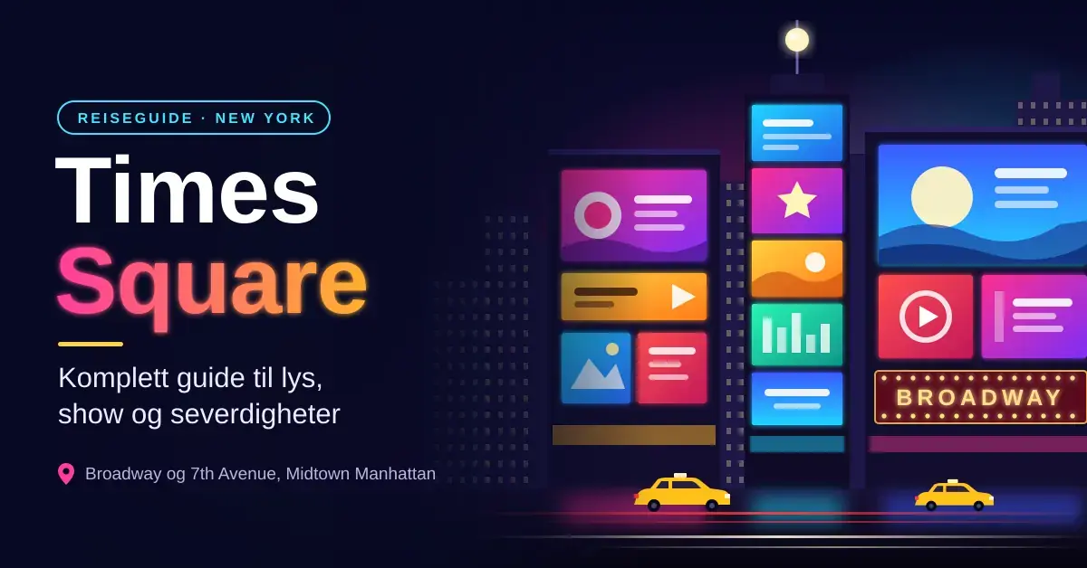 Illustrasjon av Times Square i New York om kvelden, med fargerike LED-skjermer, et opplyst Broadway-skilt og gule drosjer, ved siden av teksten «Times Square – komplett guide til lys, show og severdigheter».