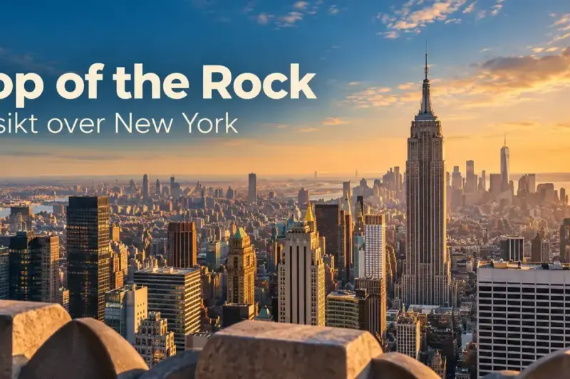 Illustrasjon av utsikten fra Top of the Rock over Manhattan med Empire State Building i solnedgang og teksten «Top of the Rock – Utsikt over New York».