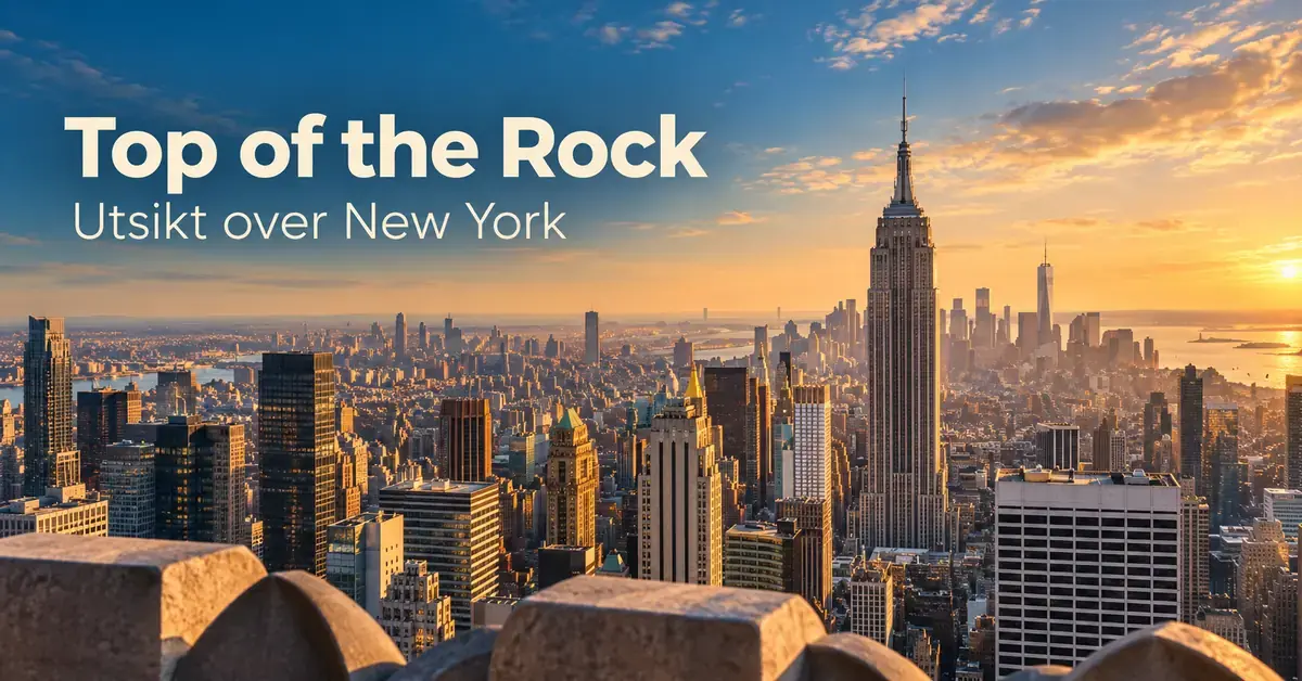 Illustrasjon av utsikten fra Top of the Rock over Manhattan med Empire State Building i solnedgang og teksten «Top of the Rock – Utsikt over New York».