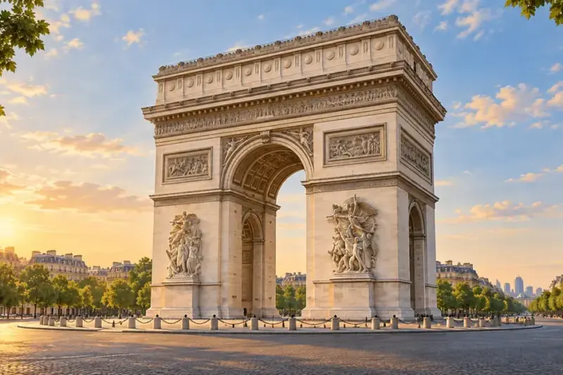 Illustrasjon av Triumfbuen i Paris i varmt kveldslys, omgitt av grønne trær og klassiske bygårder.